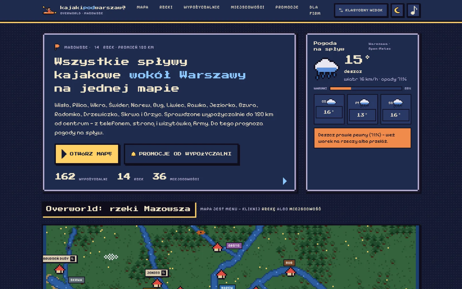 The 8-bit edition: pixel-art hero, weather HUD and a pixel map of Mazovian rivers
